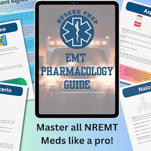 Puede incluir: Una guía de farmacología para EMT con un gráfico de estrella de la vida rojo, blanco y azul. La guía incluye información sobre medicamentos como aspirina, epinefrina, nitroglicerina y naloxona. El texto "Domina todos los medicamentos NREMT como un profesional!" se muestra en la parte inferior de la imagen.