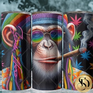 May include: A stainless steel tumbler featuring a chimpanzee wearing rainbow-tinted glasses and a colorful hat, smoking a cigar. The design includes cannabis leaves and the text "Your Name" in a cursive font. The tumbler has a black background.