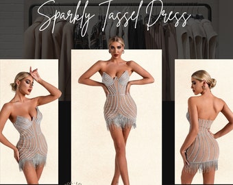 Sparkly Strapless Tassel Mini Dress