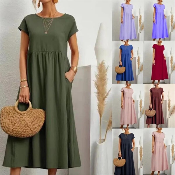 Vintage Solid Midi Dress - Casual Short Sleeve Cotton and Linen Harajuku Oversized Long Dress for Women, Summer Y2K Maxi Sundress 2024