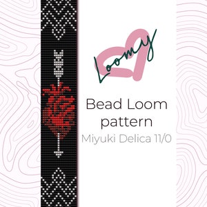 May include: A bead loom pattern for a heart with an arrow through it. The pattern is made with Miyuki Delica 11/0 beads. The pattern is black, white, and red.
