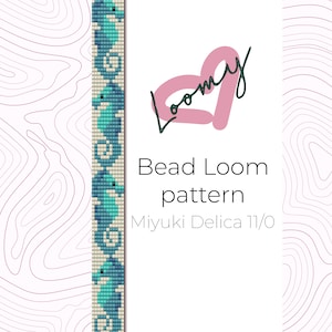 May include: A bead loom pattern featuring a seahorse design. The pattern is for use with Miyuki Delica 11/0 beads. The pattern is shown on a white background with a pink heart logo that says "Loomy".