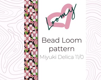 May include: A bead loom pattern for a pink and green floral design. The pattern is for use with Miyuki Delica 11/0 beads. The pattern is shown on a white background with the text "Bead Loom pattern" and "Miyuki Delica 11/0".