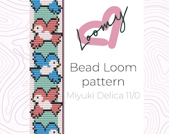 Può includere: Uno schema per telaio a perline con un motivo ripetitivo di uccelli blu e rosa alternati. Lo schema è per l'uso con perline Miyuki Delica 11/0. Il testo "Bead Loom pattern" e "Miyuki Delica 11/0" è incluso nell'immagine.