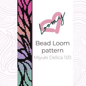 May include: A bead loom pattern for Miyuki Delica 11/0 beads featuring a vertical gradient design that transitions from pink to purple and light green, separated by black lines. The text reads Loomy, Bead Loom pattern, and Miyuki Delica 11/0.