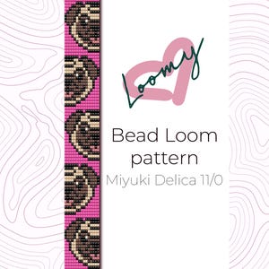May include: A digital bead loom pattern featuring a repeating design of a pug dog's face on a pink background. The text reads "Loomy Bead Loom pattern Miyuki Delica 11/0" with a pink and green logo.