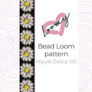 May include: A bead loom pattern design featuring a repeating daisy pattern in white, yellow, and gray beads on a black background. The text reads "Bead Loom pattern Miyuki Delica 11/0" with a pink and green logo.
