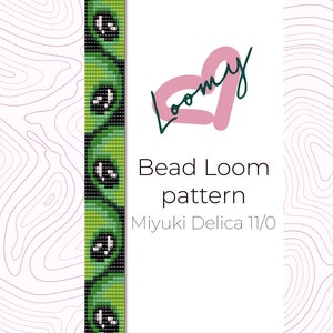 Peut inclure: Un motif de tissage de perles pour un bracelet vert et noir avec un motif blanc. Le motif est à utiliser avec des perles Miyuki Delica 11/0. L'image comprend le texte "Bead Loom pattern" et "Miyuki Delica 11/0".