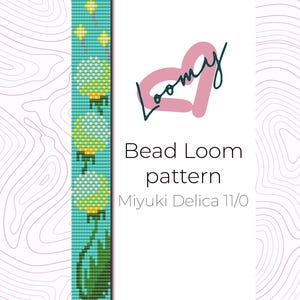 May include: A bead loom pattern for a bracelet featuring a series of white and yellow dandelions on a turquoise background. The pattern is designed for Miyuki Delica 11/0 beads. The text "Bead Loom pattern" and "Miyuki Delica 11/0" is displayed below the pattern.