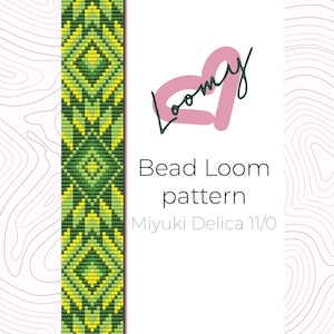May include: A bead loom pattern for a bracelet with a green and yellow geometric design. The pattern is for use with Miyuki Delica 11/0 beads.