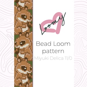 Może przedstawiać: Wzór na tkany naszyjnik z koralików z powtarzającym się motywem brązowych i białych koralików z zielonymi akcentami. Wzór przeznaczony jest do użycia z koralikami Miyuki Delica 11/0. Obraz zawiera tekst "Bead Loom pattern" i "Miyuki Delica 11/0".