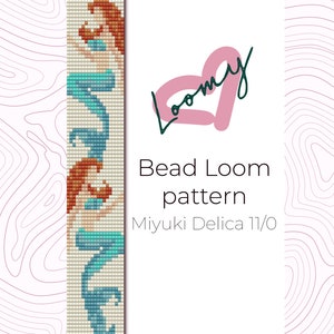 May include: A bead loom pattern for a mermaid with a turquoise tail and red hair. The pattern is for Miyuki Delica 11/0 beads. The pattern is designed by Loomly.