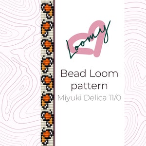 Peut inclure: Un motif de tissage de perles pour un bracelet avec des perles orange et blanches. Le motif est à utiliser avec des perles Miyuki Delica 11/0. L'image comprend le texte "Bead Loom pattern" et "Miyuki Delica 11/0".