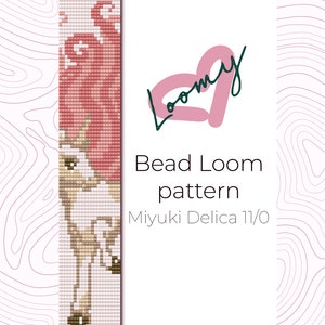 Puede incluir: Un patrón de telar de cuentas para un retrato de una mujer en rosa y blanco. El patrón es para usar con cuentas Miyuki Delica 11/0. El patrón se titula "Bead Loom pattern" y está acompañado de un corazón rosa con el texto "Loomy" escrito en cursiva.