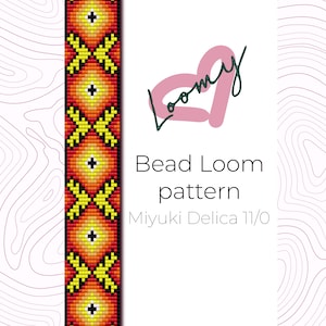 May include: A bead loom pattern for a bracelet with a geometric design in shades of orange, yellow, and red. The pattern is for use with Miyuki Delica 11/0 beads.