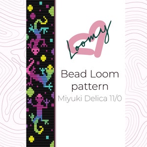 Puede incluir: Un patrón de telar de cuentas con lagartos coloridos sobre un fondo negro. El patrón es para usar con cuentas Miyuki Delica 11/0. El texto "Bead Loom pattern" y "Miyuki Delica 11/0" también está incluido en la imagen.