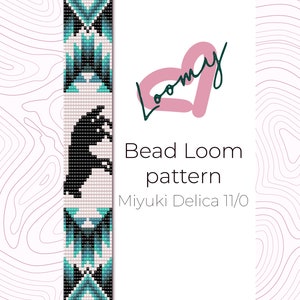 May include: A bead loom pattern for a bracelet featuring a black silhouette of a bird with turquoise and white geometric designs. The pattern is for use with Miyuki Delica 11/0 beads. The text "Bead Loom pattern" and "Miyuki Delica 11/0" is included in the image.
