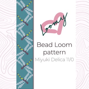 May include: A bead loom pattern for a bracelet featuring a repeating design of white and yellow dragonflies on a teal background. The pattern is for use with Miyuki Delica 11/0 beads. The text "Bead Loom pattern" and "Miyuki Delica 11/0" is included in the image.