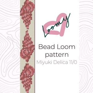Könnte beinhalten: Digitales Bild eines Perlenwebmusters mit einem sich wiederholenden Design in Rosa- und Rottönen. Der Text "Bead Loom pattern" und "Miyuki Delica 11/0" sind in Schwarz. Das Logo "Loomy" ist rosa und grün.