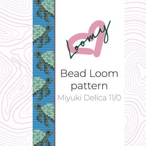 May include: A digital bead loom pattern featuring a repeating design of turtles in shades of blue, green, and gray against a blue background. The text "Bead Loom pattern" and "Miyuki Delica 11/0" are also displayed.
