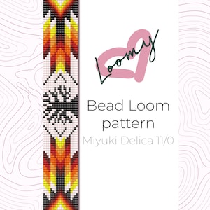May include: Bead loom pattern for a bracelet with a geometric design in black, white, yellow, orange, and red beads. The pattern is for Miyuki Delica 11/0 beads.