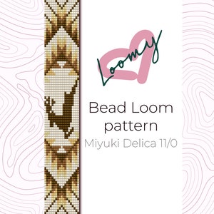 May include: A bead loom pattern featuring a deer silhouette with brown and beige beads. The pattern is for use with Miyuki Delica 11/0 beads. The text "Bead Loom pattern" and "Miyuki Delica 11/0" is included in the image.