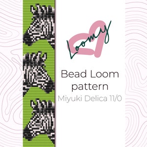 May include: A bead loom pattern featuring three zebra designs on a green background. The pattern is for use with Miyuki Delica 11/0 beads. The text "Bead Loom pattern" and "Miyuki Delica 11/0" is displayed below the pattern.