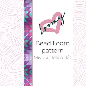May include: A bead loom pattern for a bracelet featuring a colourful geometric design. The pattern is made with Miyuki Delica 11/0 beads. The image includes the text "Bead Loom pattern" and "Miyuki Delica 11/0".
