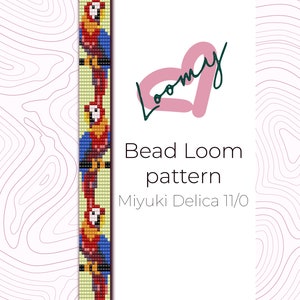 May include: A bead loom pattern featuring a colorful parrot design. The pattern is for use with Miyuki Delica 11/0 beads. The pattern is titled "Bead Loom pattern" and is accompanied by the logo "Loomy".