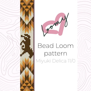 May include: A bead loom pattern for a bracelet featuring a brown and white design with a geometric pattern. The pattern is for use with Miyuki Delica 11/0 beads. The pattern is titled "Bead Loom pattern".