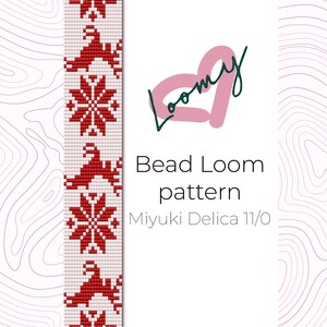 May include: A bead loom pattern featuring a red and white design with snowflakes and birds. The pattern is for use with Miyuki Delica 11/0 beads. The text "Bead Loom pattern" and "Miyuki Delica 11/0" is displayed on a white background.