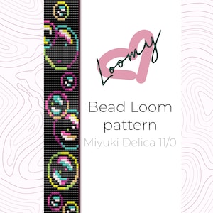 May include: A bead loom pattern for a bracelet with a colorful design of circles. The pattern is for use with Miyuki Delica 11/0 beads.