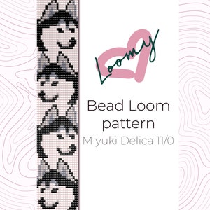 May include: A bead loom pattern for a bracelet featuring three husky dog faces. The pattern is designed for Miyuki Delica 11/0 beads. The image includes the text "Bead Loom pattern" and "Miyuki Delica 11/0".