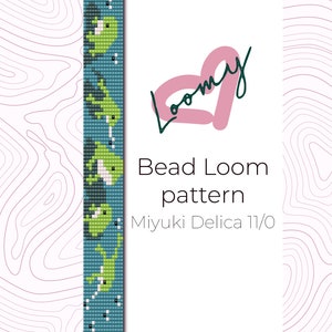 May include: A bead loom pattern featuring a series of green frogs on a blue background. The pattern is for use with Miyuki Delica 11/0 beads. The text "Bead Loom pattern" and "Miyuki Delica 11/0" is visible in the image.
