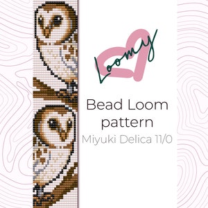 May include: Bead loom pattern for a white and brown owl with a pink heart logo and the text "Bead Loom pattern Miyuki Delica 11/0".