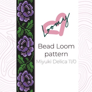 May include: A bead loom pattern featuring purple flowers with green leaves on a black background. The text "Bead Loom pattern" and "Miyuki Delica 11/0" is displayed below the pattern. The text "Loomy" is written in a pink heart shape.