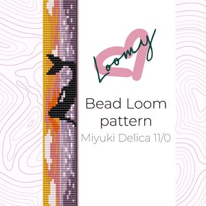 May include: A bead loom pattern for a bracelet featuring a sunset and a silhouette of a bird. The pattern is designed for Miyuki Delica 11/0 beads. The image includes the text "Bead Loom pattern" and "Miyuki Delica 11/0".