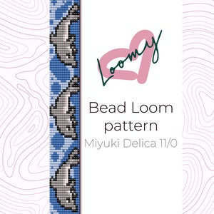 May include: A bead loom pattern featuring a design of three gray dolphins swimming in blue water. The pattern is for use with Miyuki Delica 11/0 beads. The text "Bead Loom pattern" and "Miyuki Delica 11/0" is included in the image.