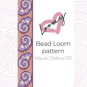 May include: A bead loom pattern for a bracelet featuring a repeating design of purple and white seashells on a peach background. The pattern is for use with Miyuki Delica 11/0 beads. The text "Bead Loom pattern" and "Miyuki Delica 11/0" is visible in the image.