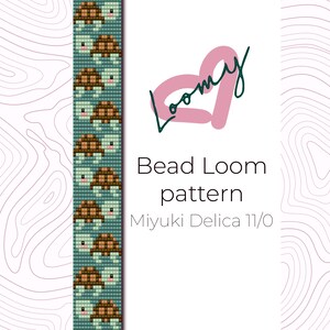 May include: A bead loom pattern design featuring a repeating pattern of turtles in shades of brown, green, and pink. The text "Bead Loom pattern" and "Miyuki Delica 11/0" are displayed on a white background with a pink logo.