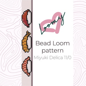 Könnte beinhalten: Ein Webmuster für Perlen mit drei farbenfrohen Perlenarmbandmustern. Die Muster sind in Rot-, Orange- und Rosatönen gehalten. Der Text "Bead Loom pattern Miyuki Delica 11/0" ist ebenfalls sichtbar.