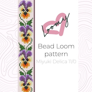 May include: A bead loom pattern featuring a floral design with purple, yellow, and green pansies. The text "Bead Loom pattern" and "Miyuki Delica 11/0" are displayed. The logo for "loomy" is also visible.