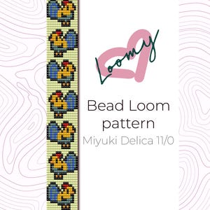 May include: A bead loom pattern featuring a repeating design of pixelated roosters in yellow, blue, and red. The text "Bead Loom pattern" and "Miyuki Delica 11/0" are also visible.
