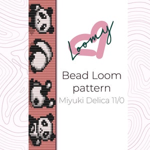May include: A bead loom pattern featuring four panda bears in black and white on a pink background. The pattern is for Miyuki Delica 11/0 beads.