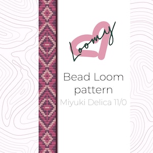 May include: A bead loom pattern for a pink and white geometric design. The pattern is for use with Miyuki Delica 11/0 beads. The pattern is titled "Bead Loom pattern" and is from the brand "Loomy".
