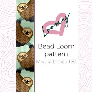 May include: A bead loom pattern for a sloth, featuring a light green background with brown and black beads. The pattern is for Miyuki Delica 11/0 beads. The text "Bead Loom pattern" and "Miyuki Delica 11/0" is visible in the image.