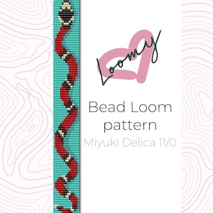 May include: A bead loom pattern showing a red and black snake design on a turquoise background. The pattern is for Miyuki Delica 11/0 beads. The Loomy logo is in the upper right corner.