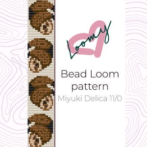 May include: A bead loom pattern with a repeating design of a brown sloth. The image includes the text "Loomy" and "Bead Loom pattern Miyuki Delica 11/0". The background is white with a pink and green logo.