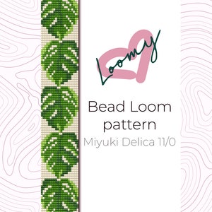 May include: A bead loom pattern for a bracelet featuring a green monstera leaf design. The pattern is for use with Miyuki Delica 11/0 beads.