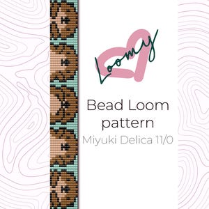 May include: A bead loom pattern design with a repeating floral pattern in brown and black beads on a light teal background. The text "Bead Loom pattern Miyuki Delica 11/0" is displayed in black font.